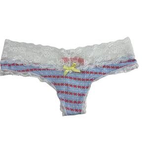 Splendies Blue Pink Pattern White Lace Waist Thong Panty Womens Size Small